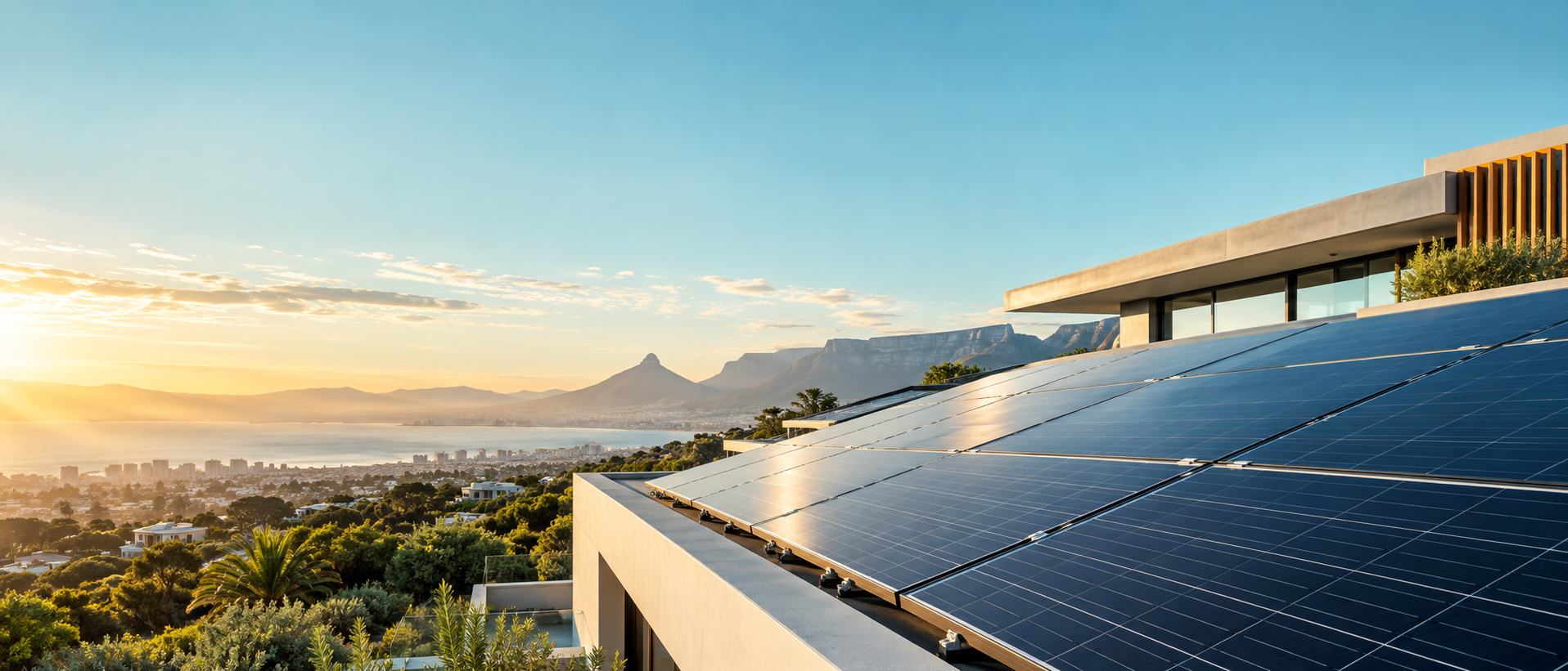A precisely aligned rooftop solar panel array overlooking Cape Town